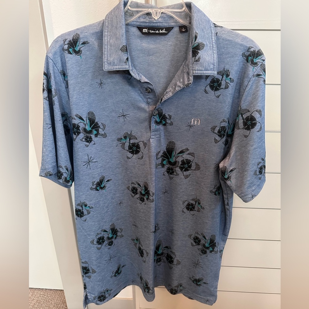 Travis Mathew Men’s Polo Golf Blue Black Print L like new